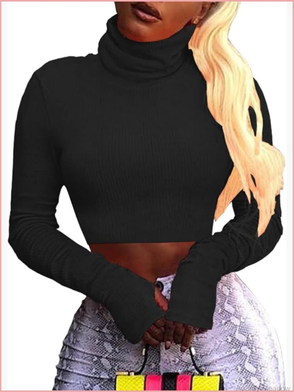 Long Sleeve Turtleneck Crop Top Ribbed Knit Pullover Slim Fit